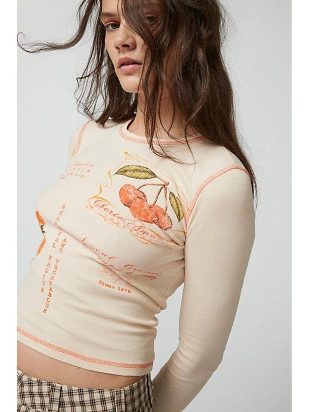 Urban Outfitters Women's Natural Cherie Amour Long Sleeve Baby Tee